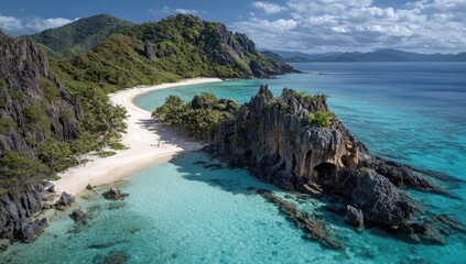 Obraz premium Tropical island paradise with white sand beach and turquoise water