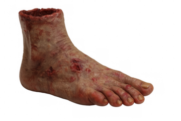 Severed foot showing bloody wounds and injuries on transparent background