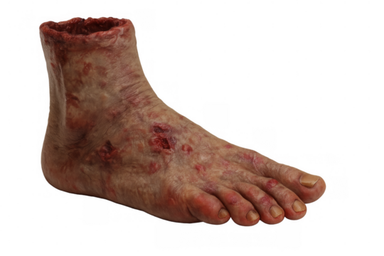 Severed foot showing bloody wounds and injuries on transparent background