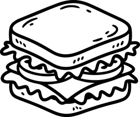 Classic layered club sandwich with lettuce and tomato in a simple doodle line art style