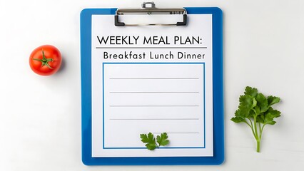 Weekly meal plan clipboard with fresh vegetables on white background 
