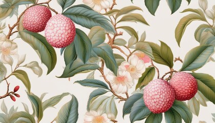 seamless victorian wallpaper design featuring delicate lychee fruit motifs painted in antique pastel tones with soft brush strokes on white