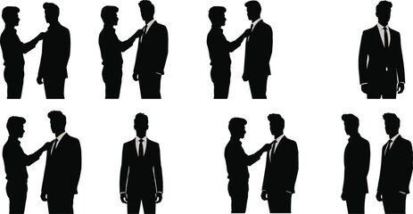 Silhouette of businessmen adjusting suit and tie, professional office workers in teamwork, corporate partnership concept vector illustration design set