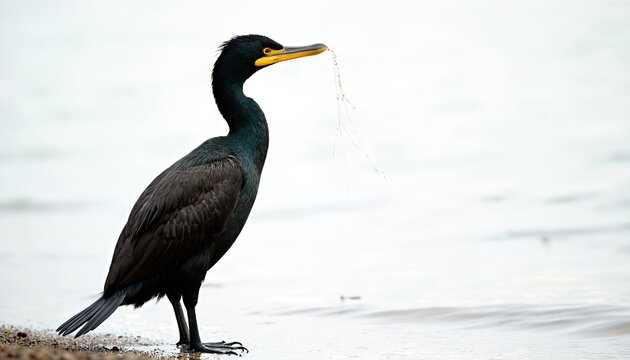 Cormorant bird stands on shoreline holding nesting material in beak. Birdwatching scene by serene waters aquatic behavior. Dark plumage bird exhibits natural beauty near coastal habitat, perfect for