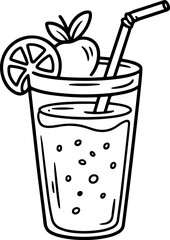 Hand-drawn doodle line art of a refreshing fruit juice glass with a straw and lemon slice