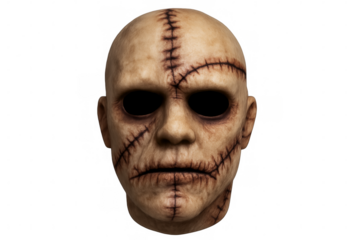 Realistic halloween mask depicting a decaying face with stitches on transparent background