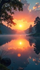 Serene sunrise over a tranquil lake, reflecting the peaceful and hopeful essence of faith and spiritual awakening Perfect for meditation, yoga, and religious themes , god, belief system