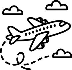Hand-drawn airplane icon with a flight path for international travel and vacation concepts