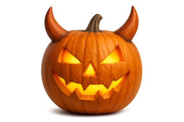 Halloween pumpkin with devil horns glowing on transparent background