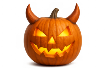 Halloween pumpkin with devil horns glowing on transparent background