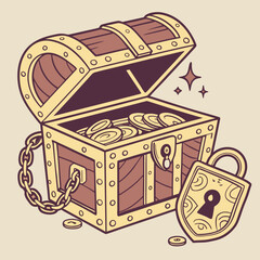 Vector art of open treasure chest with gold coins and padlock