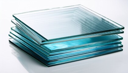 a stack of clear glass sheets reflecting light on a white background