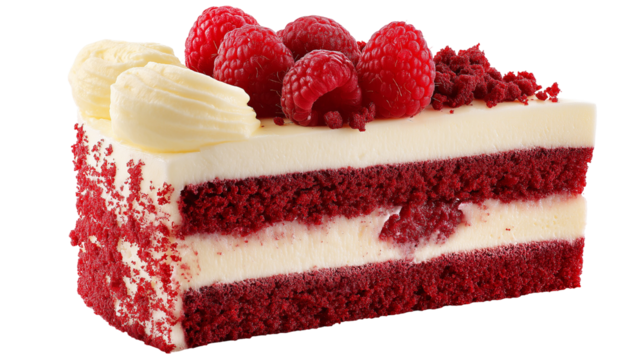 Slice of red velvet cake with raspberries on transparent background