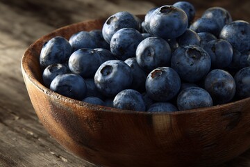 Fototapeta premium Healthy eating concept with fresh blueberries in wooden bowl on rustic table, natural daylight