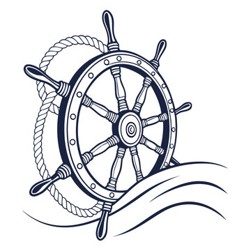 recommend clip art: Vector art of ship steering wheel with nautical rope and waves