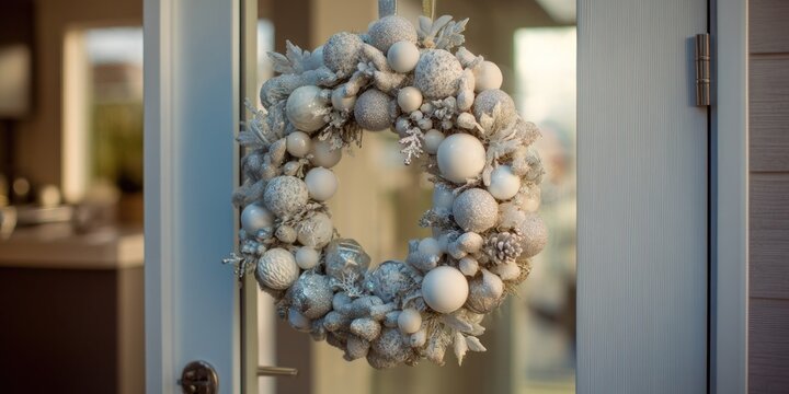 A white Christmas wreath with silver ornaments hanging on a door, decorated with silver and white baubles, pine cones, and leaves, with a silver door handle and a silver door in the background.