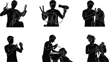 Hairstylist Silhouettes in Six Salon Poses Featuring Haircut, Blow-Dry, Wash, and Styling Tools for Beauty and Design Content