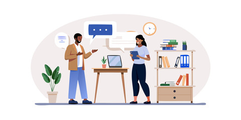 Diverse colleagues collaborating and communicating in a modern office setting with speech bubbles and bookshelves