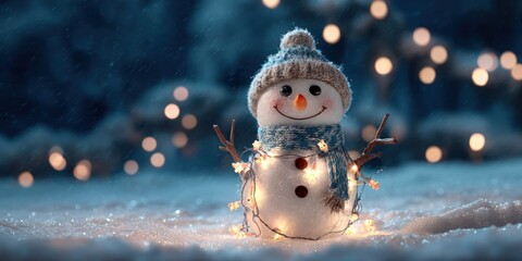 Obraz premium A cheerful snowman with a blue hat and scarf, surrounded by twinkling lights, standing in a snowy landscape with a blurred background of trees and lights.