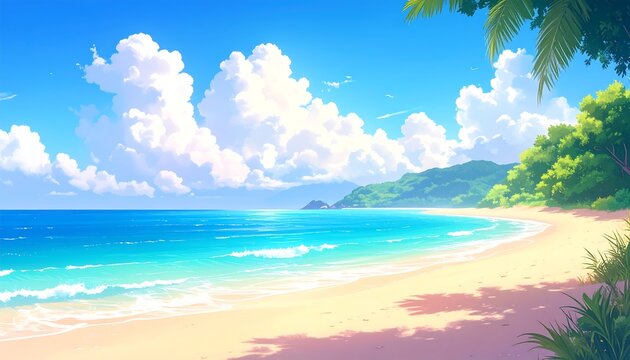 Animated beach scene. Vibrant blue ocean meets golden sand under a sky filled with fluffy white clouds. Lush green foliage frames the serene coastal landscape. The sun's warm light casts soft shadows