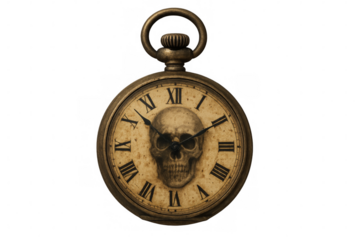 Vintage pocket watch showing skull and roman numerals on transparent background