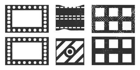Collection of six vintage film strip frames and cinema elements with grunge texture