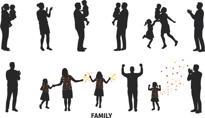 Family silhouettes illustration, parents with children, kids playing, celebration, love, lifestyle, happiness, bonding, togetherness, joyful concept