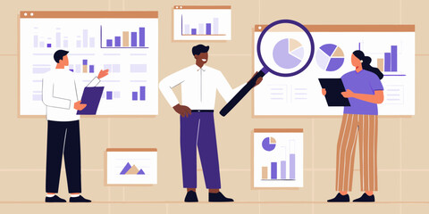 Diverse team of professionals analyzing charts and graphs on a presentation board during a business meeting