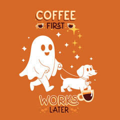 Cute ghost walking dog with coffee cup halloween themed illustration vector
