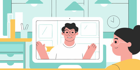 Two people communicating through a video call on a computer screen in a modern office setting