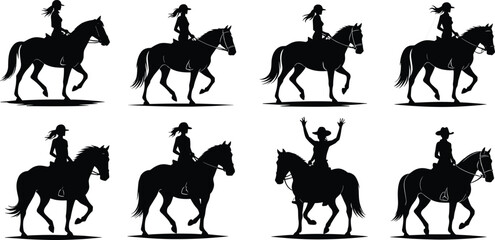 Horse Rider Silhouettes in Eight Expressive Poses Featuring Hats, Flowing Hair, and Motion for Adventure, Folklore, and Design Content