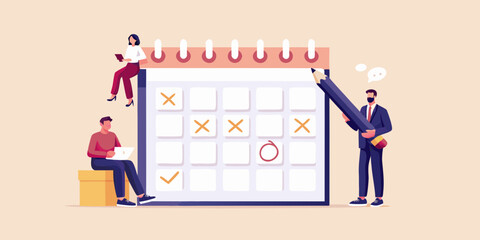 Business people planning and organizing tasks on a large calendar with checkmarks and crosses