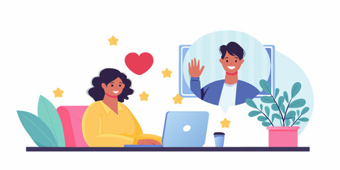 Woman happily video calling a man on her laptop with a heart and stars floating around her