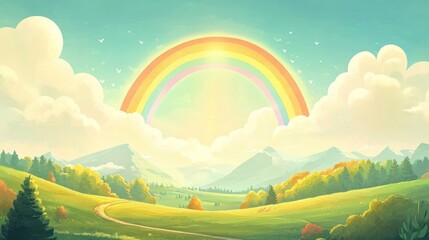 Rainbow above peaceful landscape illustration