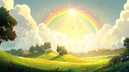 Obraz premium Rainbow over peaceful landscape illustration