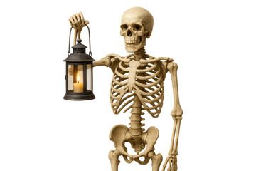 Skeleton holding lighted lantern on transparent background