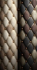 Obraz premium Two panels of quilted upholstery. Beige and brown diamond patterns, accented by gold studs
