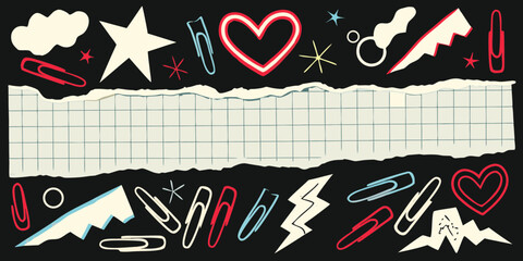 Colorful school supplies and torn paper with grid lines on a dark background