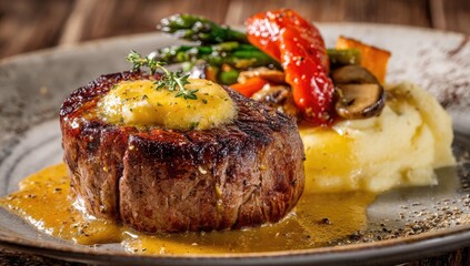 Gourmet steak dinner with mashed potatoes and vegetables