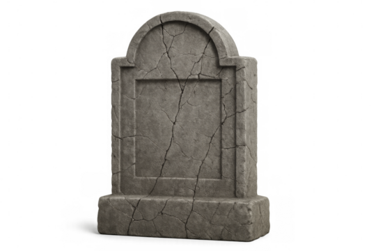 Blank old cracked gravestone on transparent background representing death and memory