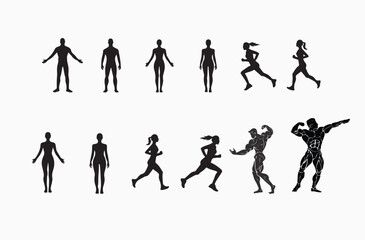 Collection of diverse human silhouettes in various poses representing health fitness and activity vector