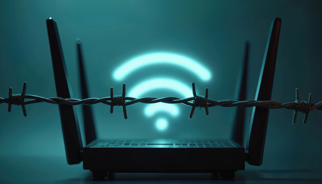 Conceptual image of Wi-Fi router blocked by barbed wire. Symbolizes digital divide, cyber security issues, and restricted internet access. Neon blue Wi-Fi signal glows behind sharp metallic barrier.