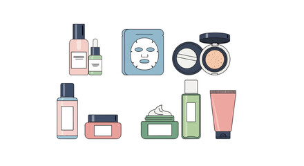 Minimalist cosmetic product illustrations featuring skincare essentials and makeup items for beauty blogs, product demonstrations, and cosmetic advertising campaigns.