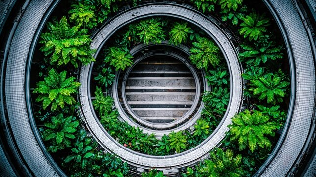 A circular architectural design featuring lush greenery and a spiral staircase, combining nature with modern structure.