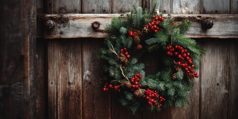 Fototapeta premium A rustic wooden door adorned with a green Christmas wreath featuring red berries and pine cones, hanging 
