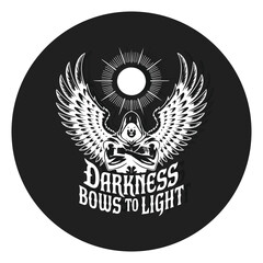 Symbolic angelic figure wings light rays text darkness bows to light circular emblem vector