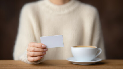 Woman holding blank card with coffee cup on table, cozy sweater and warm atmosphere for online payment or membership concept