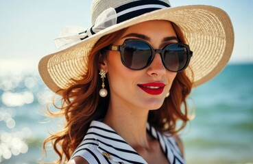 Fototapeta premium Woman wearing large sunglasses and a wide-brimmed hat enjoying a sunny day at the beach