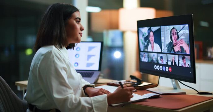 Writing, video call and business woman in office for virtual meeting, discussion and webinar in dark. Night, corporate and person with team on computer for online seminar, conference notes or contact