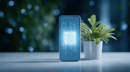 Mobile phone displaying glowing QR code for digital payment or scanning with green plant in white pot on table in blurred background